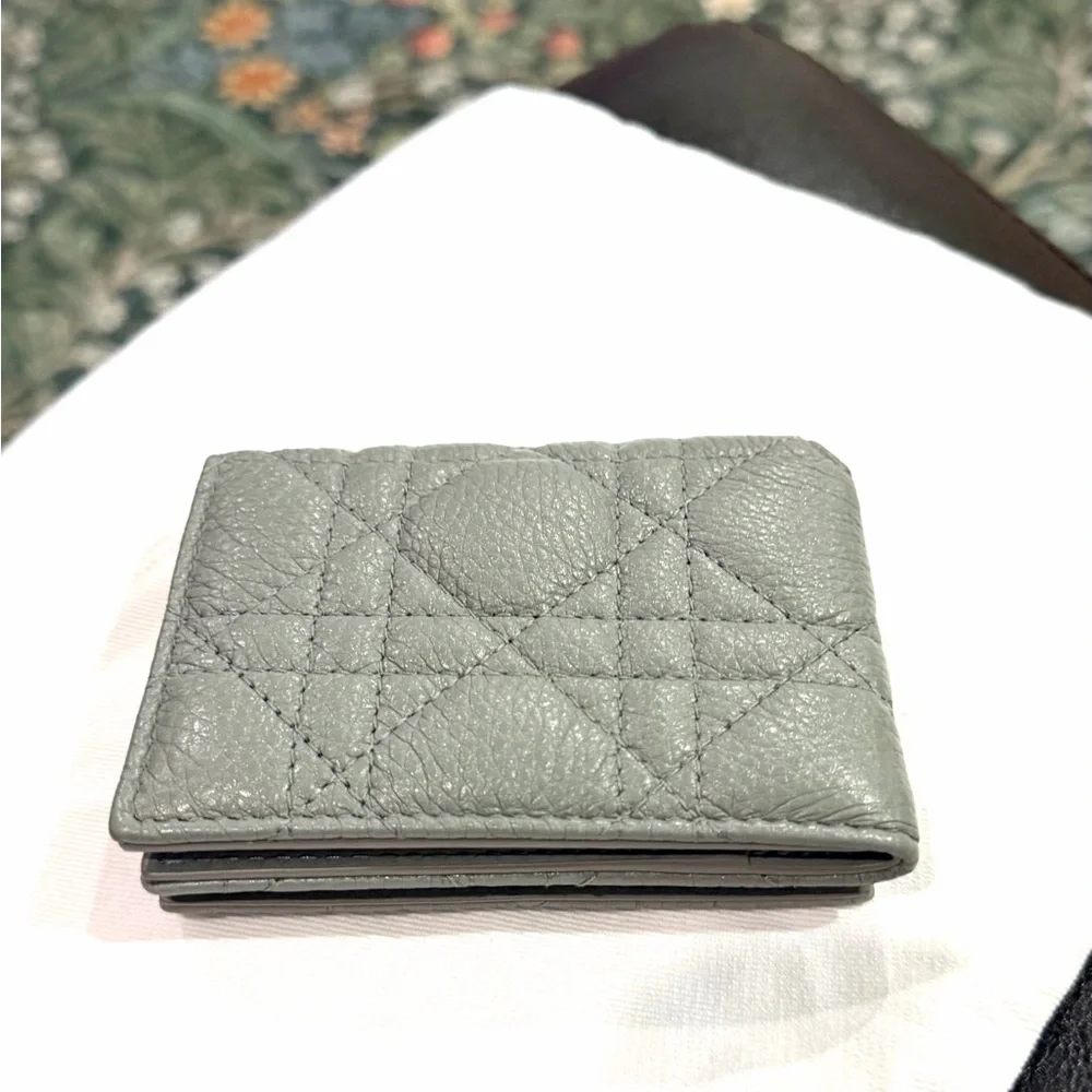 Dior Caro glycine foldable card holder limited edition in grey w/gold hardware.